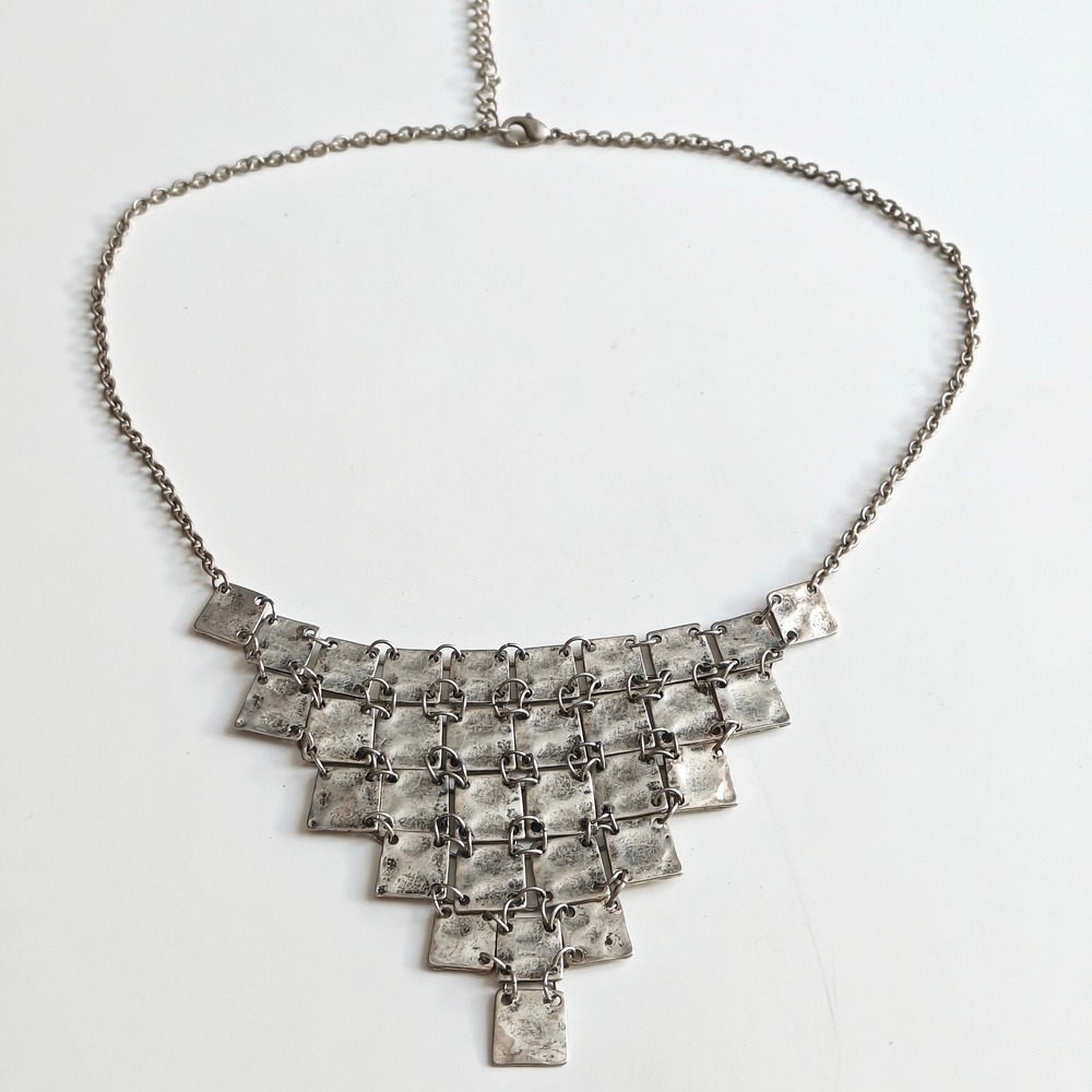 Hammered Silver Square Tiled Bib Statement Necklace Industrial Geometric Mesh